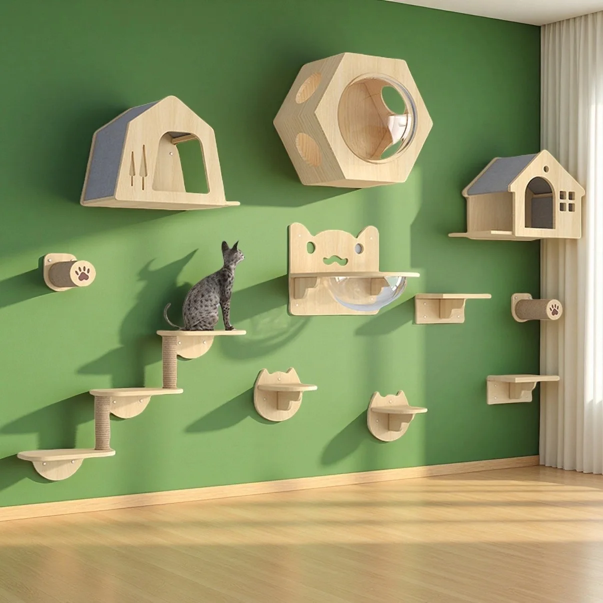 Centro de actividades para gatos montado en la pared de madera con tablero para rascar, hamaca y escaleras trepadoras, muebles de juego para escalar mascotas - imagen 4
