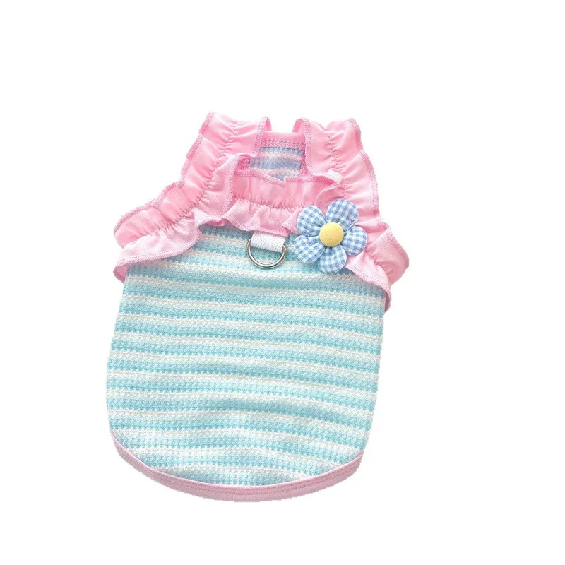 Chaleco con lazo de color caramelo para mascotas, camisola fina a rayas para gatos, Top de peluche para mascotas, ropa para cachorros, refrigeración para perros - imagen 5