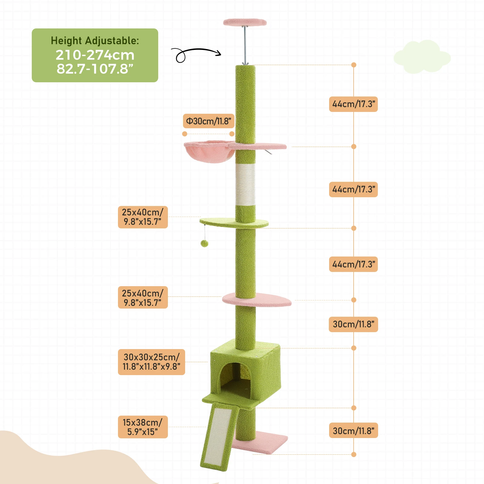 Torre alta para gatos de piso a techo, altura ajustable de 210-274CM con escalera para rascar, hamaca acogedora para gatos y condominio privado, juguetes para gatos - imagen 3
