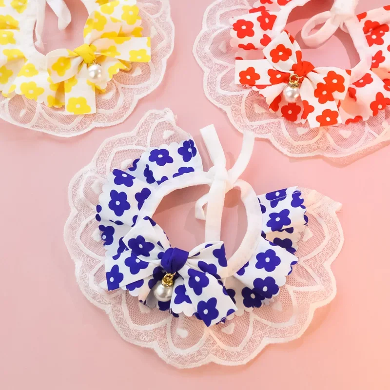 Collar de perro con colgante de perla grande de estilo coreano, bufanda con lazo de flores de encaje, Material de algodón, Collar para mascotas para perros y gatos - imagen 2