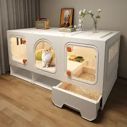 Casa grande para gatos con cajón transparente y sala de almacenamiento