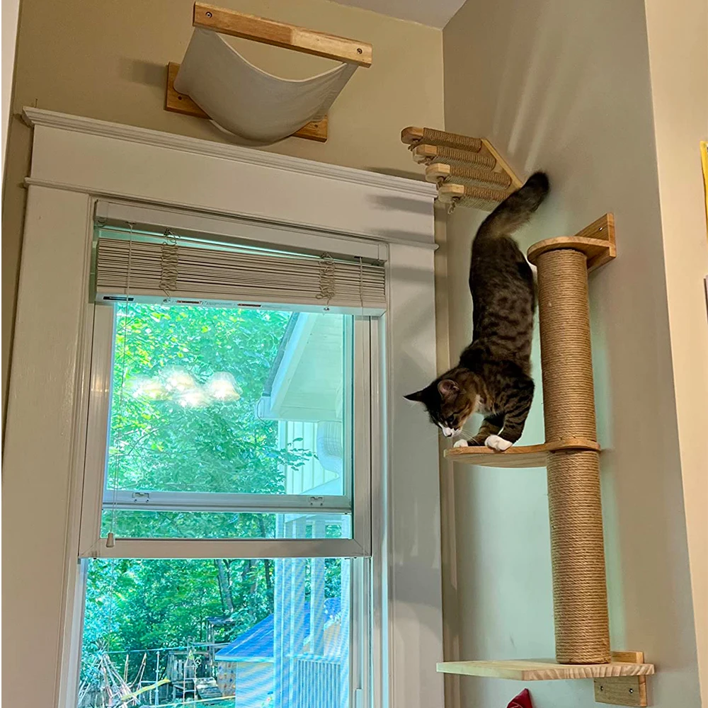 Juego montado en la pared de madera maciza para gatos, postes rascadores, plataforma de hamaca para gatos, estantes de escalada para jugar, 1 unidad - imagen 2