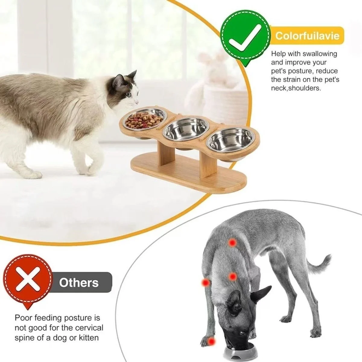 Cuenco elevado para gatos de 3 niveles con soportes de soporte, cuenco de comida para mascotas inclinado con soporte de ángulo ajustable de madera y acero inoxidable de 15 grados - imagen 2