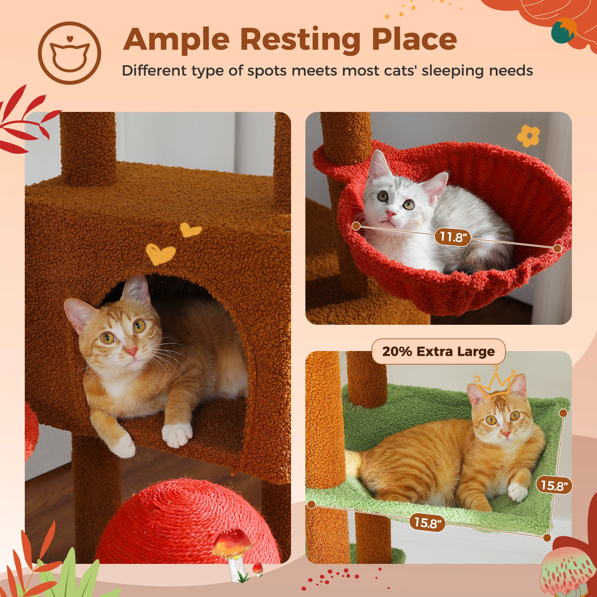 Árbol para gatos ajustable de 230-252 cm, Condo para gatos de piso a techo, bola colgante, 5 postes para rascar, hamaca, amplio lugar de descanso para gatos - imagen 3