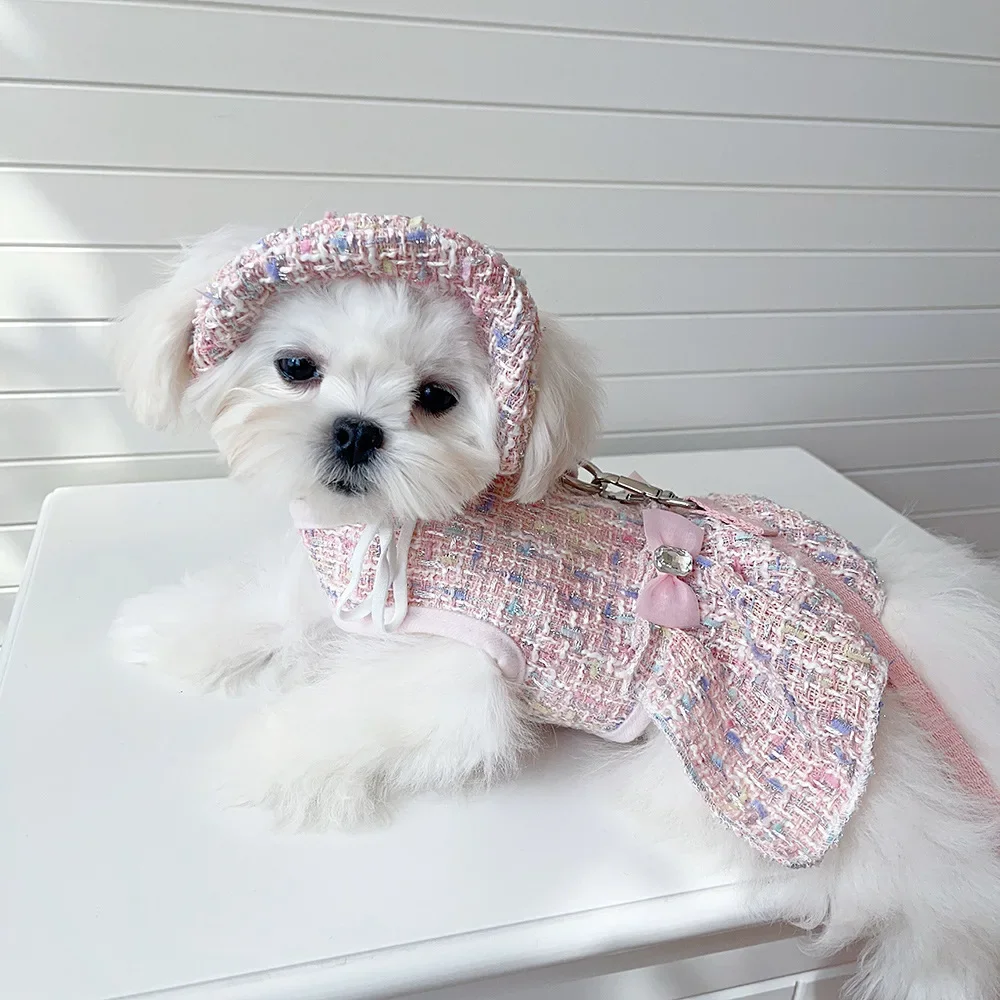 Ropa de princesa de Tweed para perro, vestido con lazo de perlas, Linda falda para perro, chaleco de lujo para cachorro - imagen 4