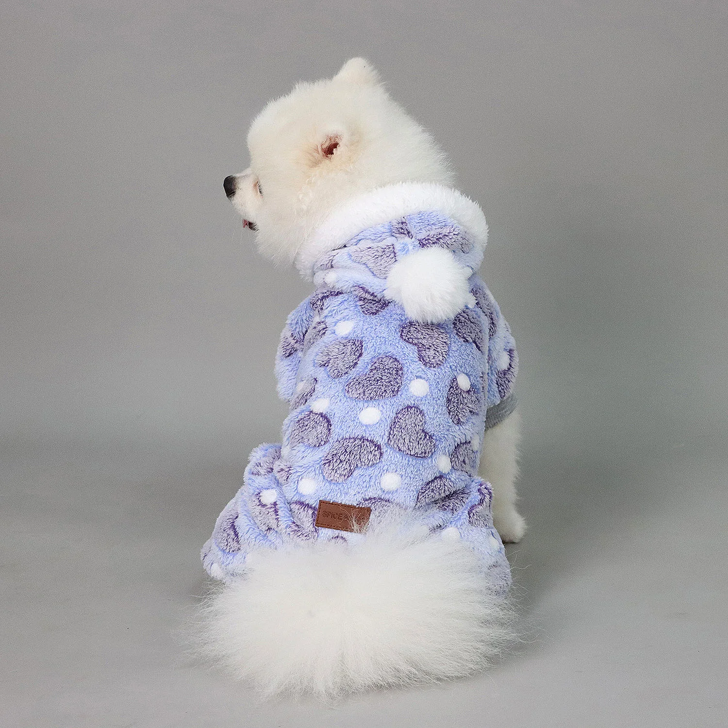 Pijamas de peluche para perros pequeños y niñas, pijamas cálidos de invierno con forma de corazón para cachorros, ropa de lana, suéter, traje para perros con pompón peludo, mono para mascotas - imagen 5