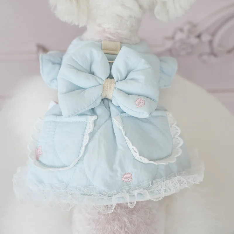 Ropa gruesa de algodón para mascotas, vestido de princesa bordado para perros y gatos con lazos para perros pequeños, Bichon, Teddy Schnauzer, invierno - imagen 2