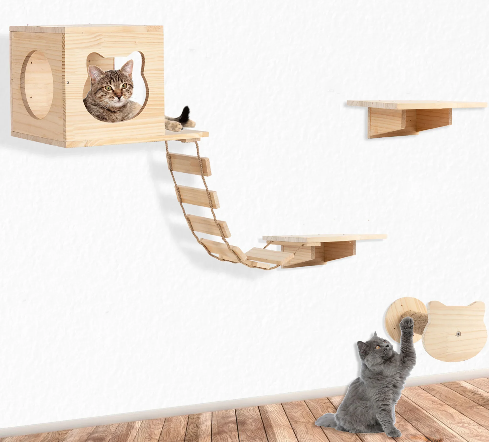 Marco de escalada para gatos de madera maciza, montado en la pared con poste rascador para gatos, plataforma para saltar nido de juguete y estantes de escalera de madera - imagen 4