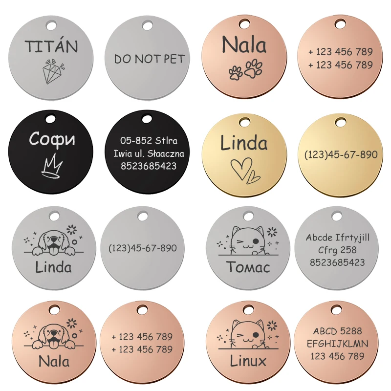 Collar personalizado con nombre de perro y gato, accesorios circulares, etiqueta de identificación grabada personalizada, Collar, cadena, suministros para productos para perros - imagen 2
