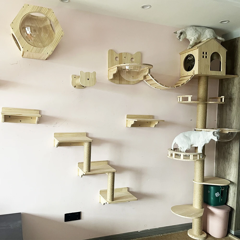 Estantes para gatos montados en la pared, plataforma para saltar gatos, perca para gatitos, escalera de escalada, cama de Sisal de madera, hamaca para jugar y dormir - imagen 3