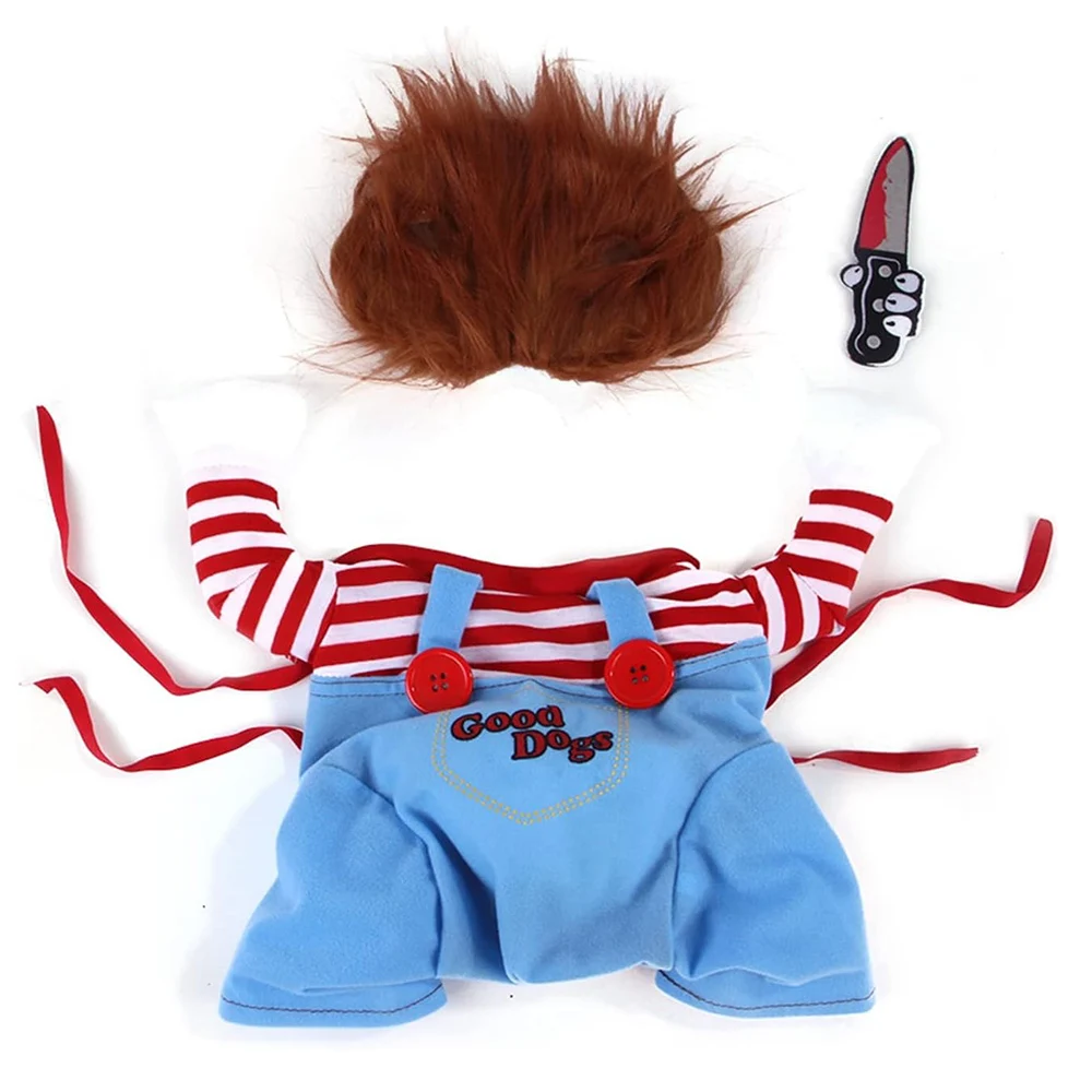 Disfraz de perro muñeca mortal para mascotas, divertido disfraz de Halloween, traje de Chucky para perros pequeños, medianos, gatos, cachorros, vestido de fiesta, ropa fresca - imagen 4