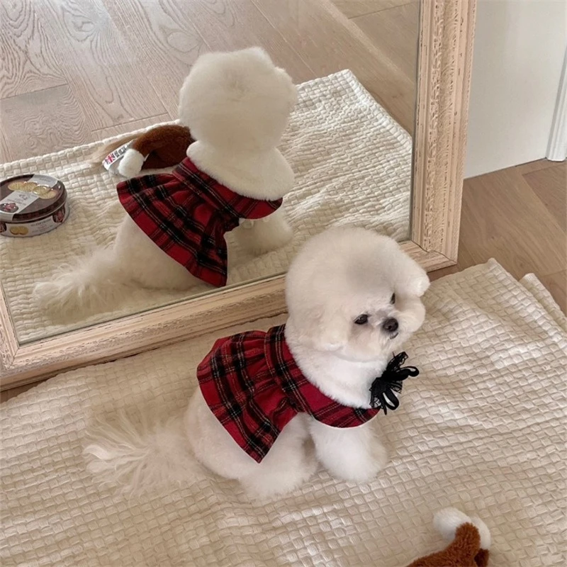 Vestido de Navidad para mascotas, capa de felpa de otoño e invierno, abrigo de lana a cuadros rojo, ropa para perros pequeños, ropa para cachorros - imagen 3