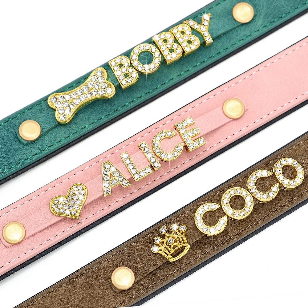 Collar de cuero personalizado para perro, collares con nombre de perro personalizado, Collar para mascota con diamantes de imitación ostentosos, nombre DIY, colgante de corazón con pata de hueso gratis - imagen 3