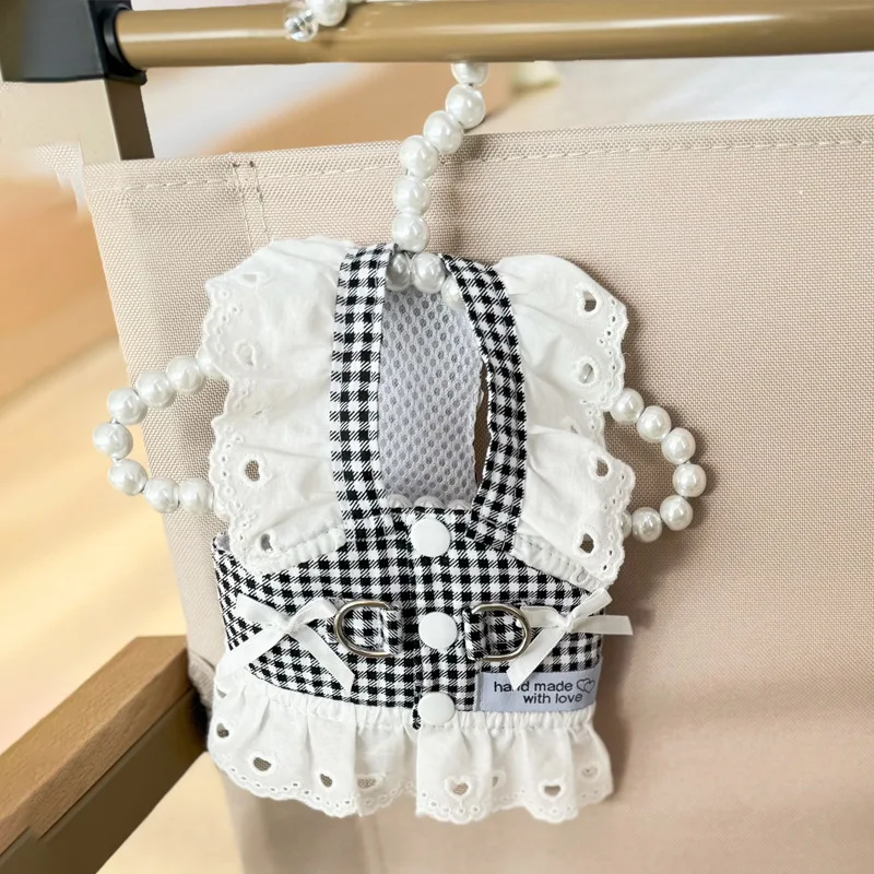 Estilo Pastoral para mascotas, cintura a cuadros negra, pecho pequeño, espalda Universal para perros y gatos, se puede tirar, falda de princesa Retro - imagen 4