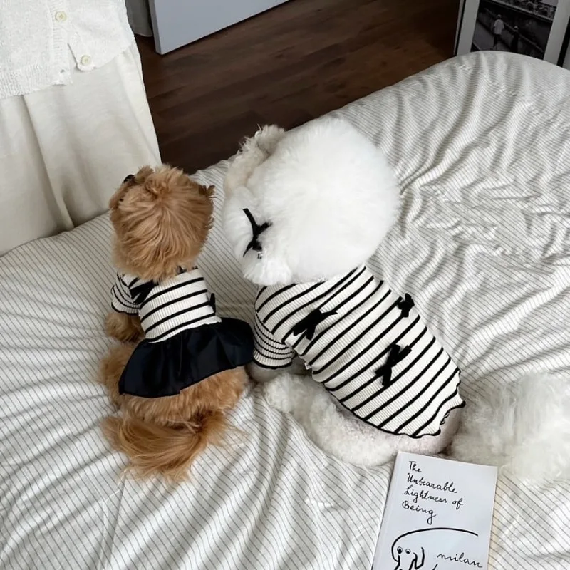 Summer Pet Bow Puppy Shirt Collar Strap Fashion Flying Sleeve Striped Dog Dress Black White Dress Teddy for Small Dog Clothes - imagen 3