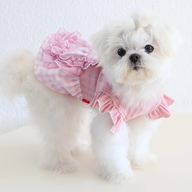 2025 Primavera/Novedad de verano vestido a cuadros con volantes ropa de princesa bordada para perros pequeños Chihuahuas, traje de Bichons - imagen 2