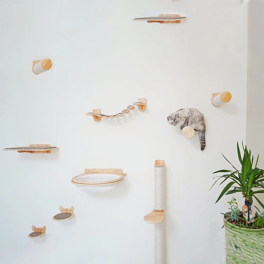 Combinación montada en la pared, marco de escalada para gatos, escalera nido para gatos, escalera suave, poste para rascar, juguete, escalera para gatos de sisal, hamaca de madera para gatos