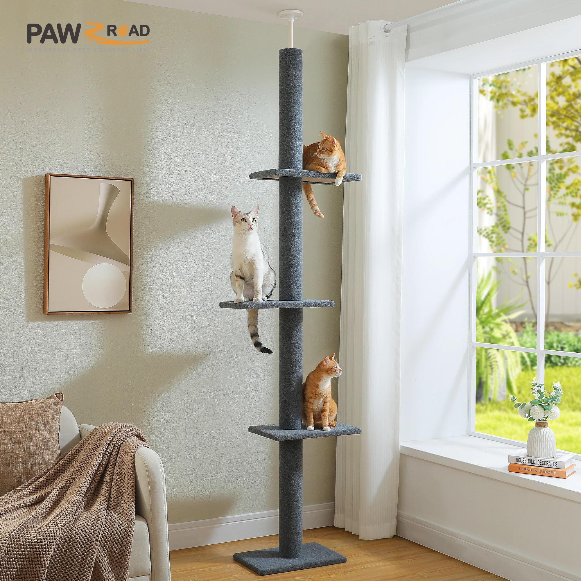 Árbol para gatos de suelo a techo – Torre con postes rascadores y juguetes