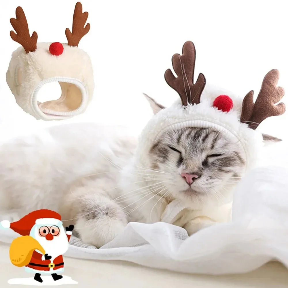 Disfraz navideño para cachorros, perros y gatos, gorro de Papá Noel y alce con Bandana, conjunto de bufanda, accesorios para gatos, suministros de vestir para vacaciones para mascotas - imagen 2
