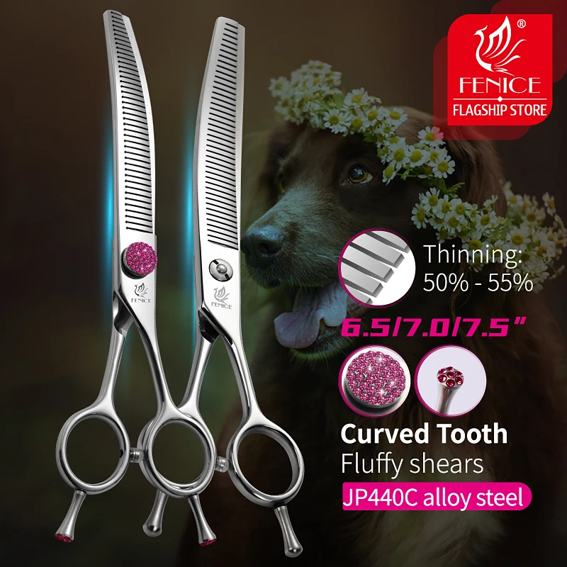 Fenice JP440C 6.5/7/7.5 inch Pet Scissors Grooming Curved Thinner Shears Trimmers for Dogs Fluffy Traceless Thinning Rate 50-55% - imagen 2