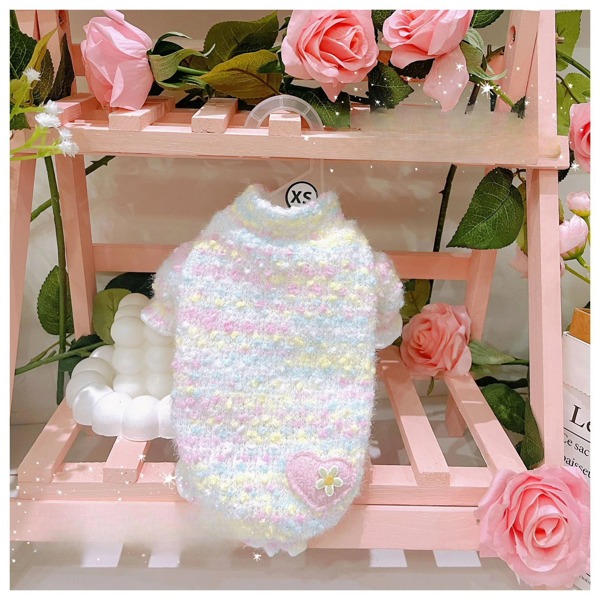 Suéter de manga de burbuja con cuello alto para otoño/invierno para mascotas, suéter tejido con manga de capullo de flor de amor, abrigo Base cálido para invierno, ropa para cachorros - imagen 4