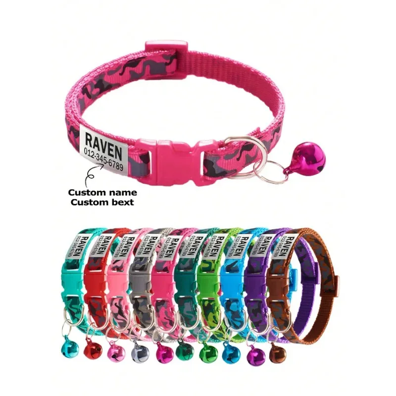 Collar de gato personalizado, collares de camuflaje para cachorros y gatitos, collar con etiqueta de identificación con nombre de gato personalizado con campana, regalo para perros pequeños y gatos