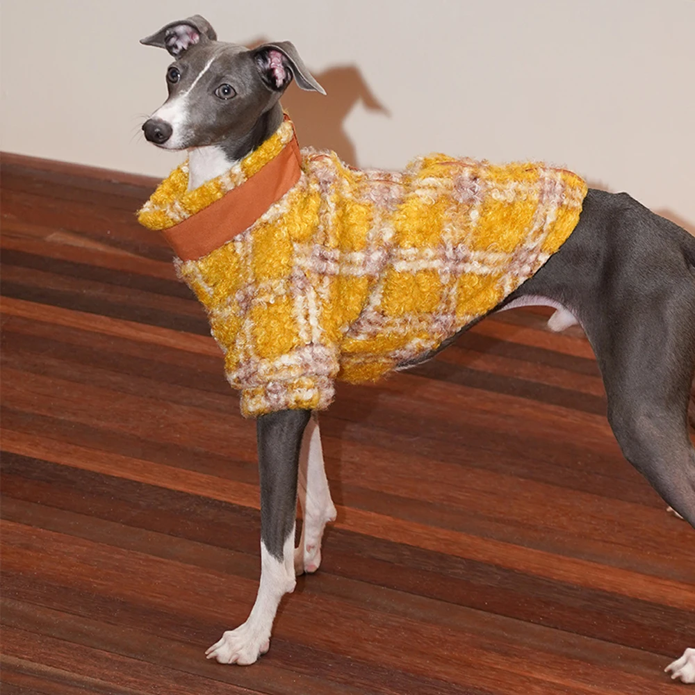 Ropa de lujo hecha a mano para galgo italiano en invierno, suéter a cuadros amarillo dorado para perros pequeños Whippet, abrigo cálido en otoño - imagen 3