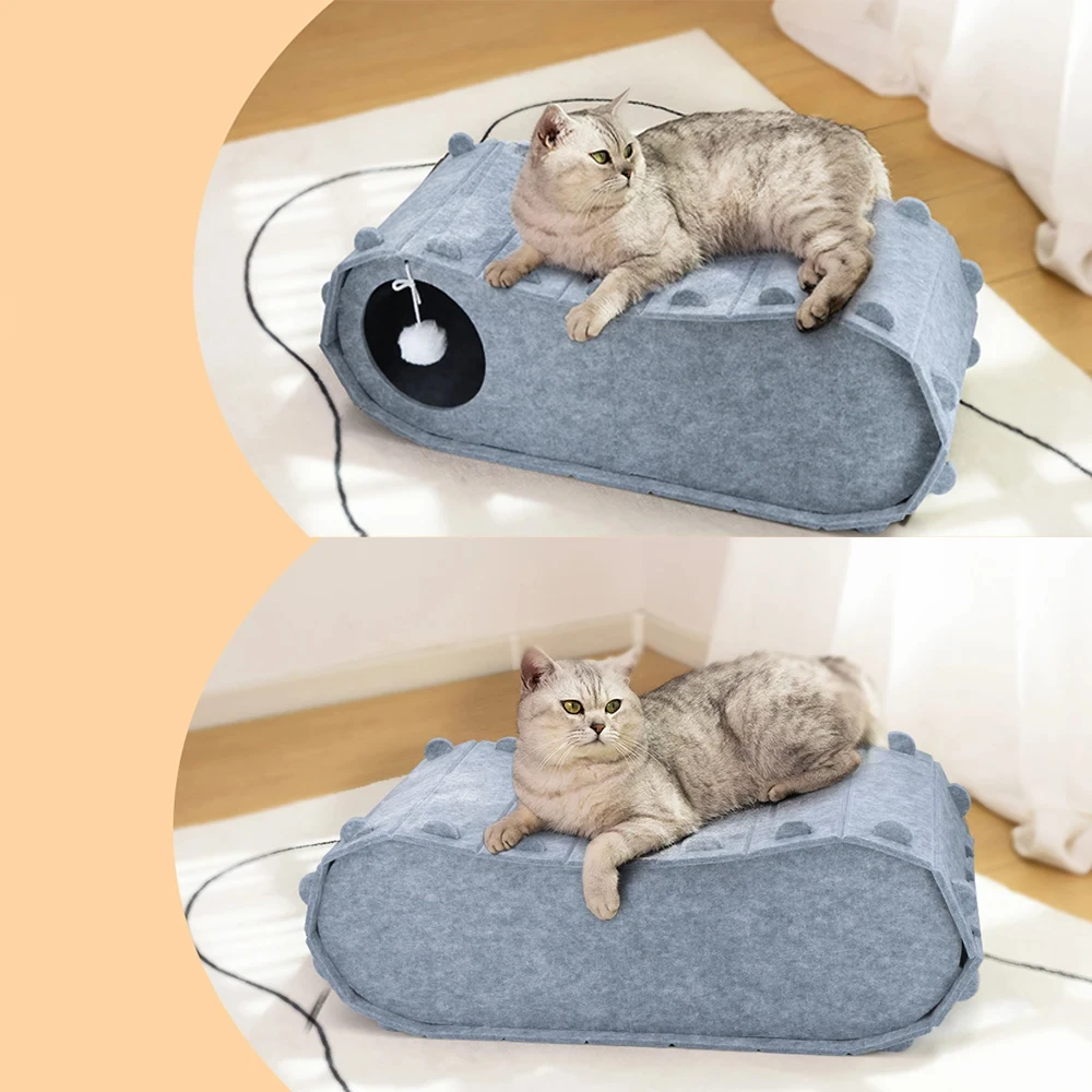 Cabaña para gatos de fieltro grueso de doble capa acogedora con pelota de juego colgante, ocultador para todas las estaciones, diseño antideslizante que ahorra espacio para gatos de interior