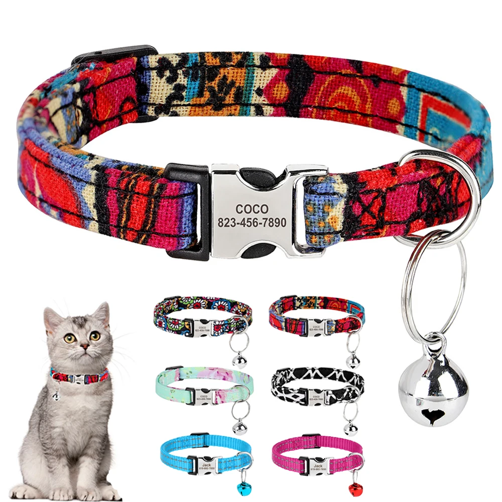 Collar de gato personalizado, collares de nailon para cachorros y gatitos, etiqueta de identificación para mascotas grabada gratis, Collar con placa con nombre, collares para mascotas, campana ajustable para gatos