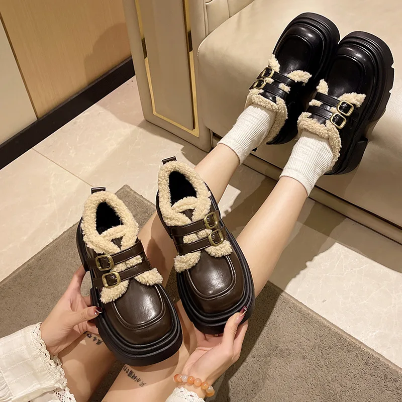 Lindo uniforme para niñas, zapatos de princesa gruesos, zapatos de tacón con plataforma marrón para mujeres, mocasines Retro, zapatos cálidos de felpa para invierno - imagen 3