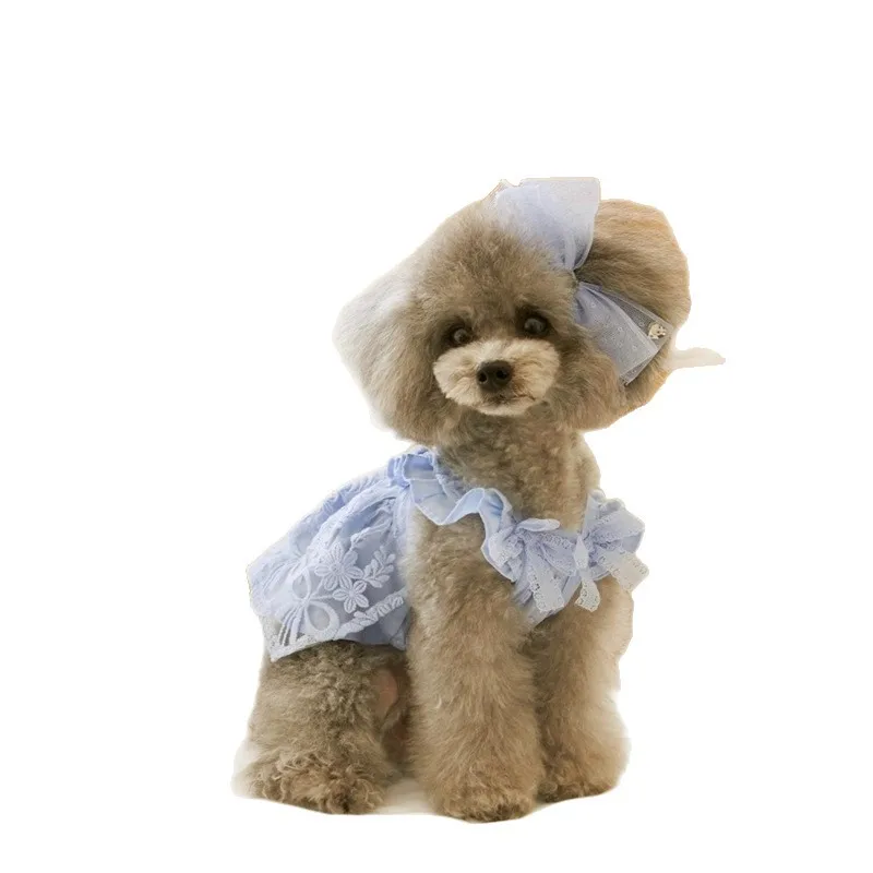 1/Set de moda para mascotas, vestido de princesa con mangas voladoras de encaje de verano, vestido de malla de peluche, camiseta sin mangas fina para perros y gatos, tocado con lazo, ropa para cachorros - imagen 5