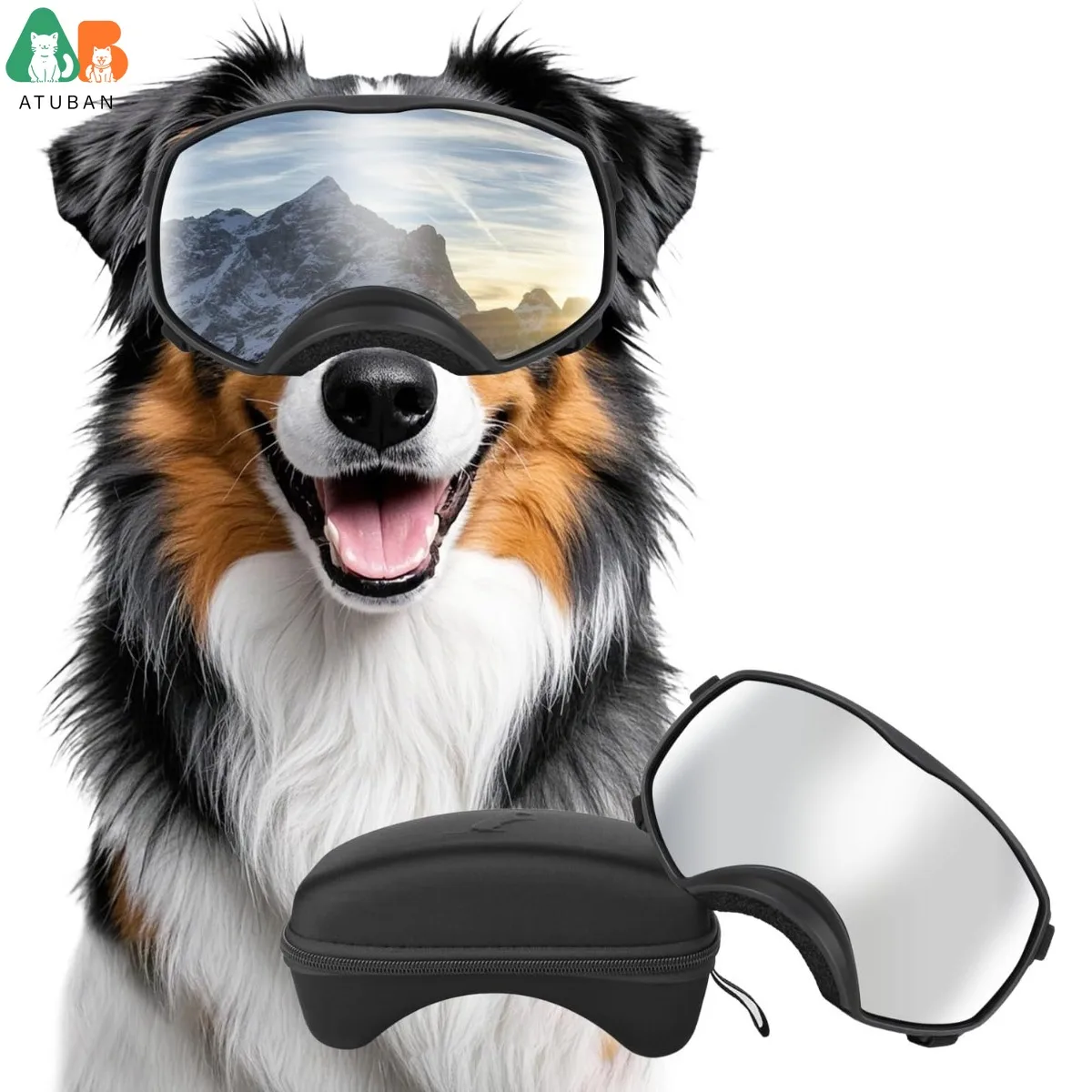 ATUBAN Gafas de sol para perros Protección UV Gafas transparentes para perros Gafas a prueba de viento con correas elásticas para razas grandes, a prueba de viento y polvo