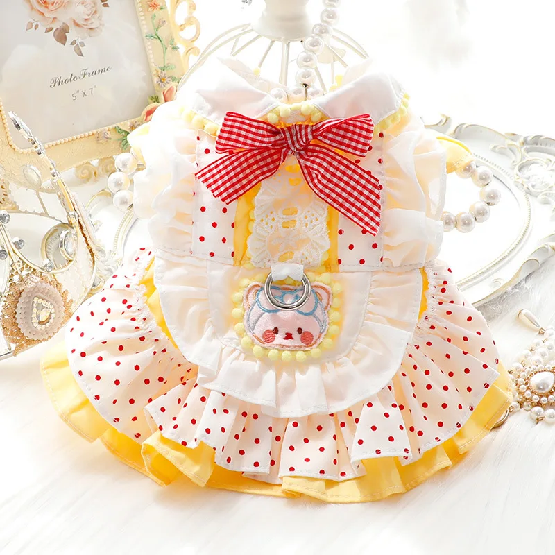 Ropa para perros primavera y verano vestido fino de princesa para gatos punto rojo oso amarillo tracción Lolita suministros para mascotas para perros pequeños - imagen 3