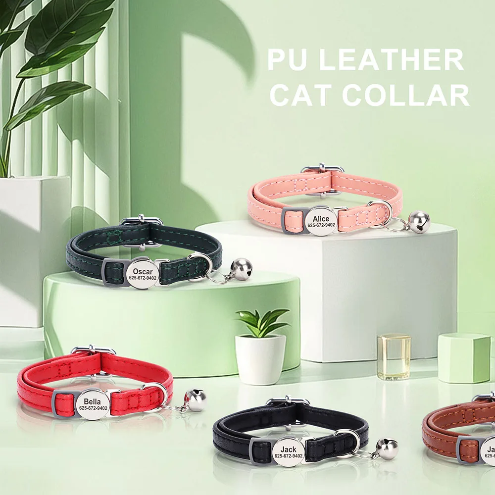 Collar de gato personalizado de cuero PU, collares de liberación rápida para gatos, collares con nombre de identificación de mascota grabados gratis, ajustables para gatos - imagen 2