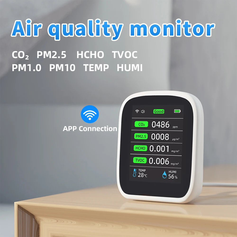 Probador portátil de calidad del aire WIFI, Control por aplicación PM2.5, analizador de contaminación del aire CO2, medidor de prueba de temperatura y humedad, Sensor infrarrojo - imagen 5