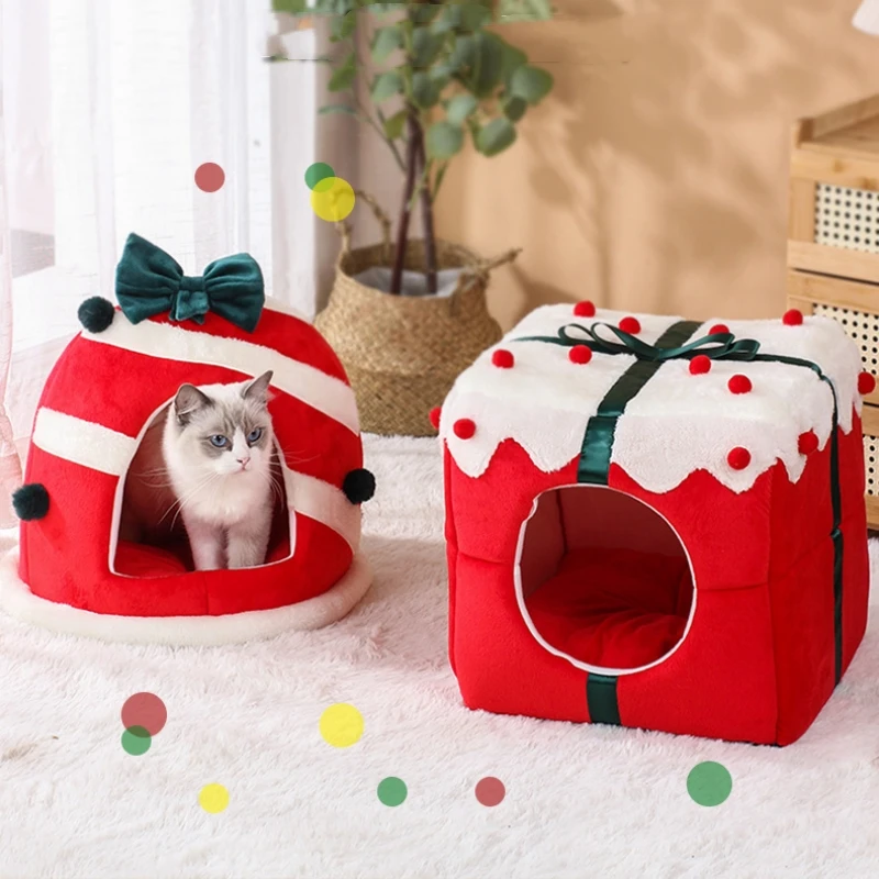 Winter Closed Cat Nest Christmas Gift Box Design Sleeping House for Cats Dogs Soft Warm Bed for Kittens Pet Party Dec Supplies