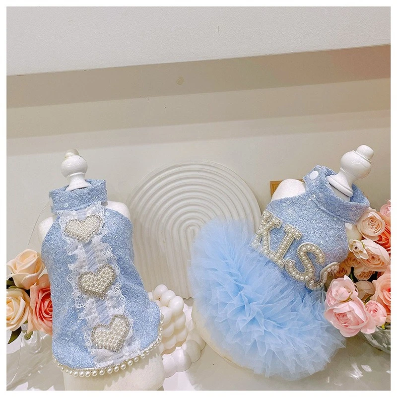 Pet malha retalhos pérola amor vestido de princesa vestido de lantejoulas teddy saia fofa colete roupas para cães designer roupas de cachorro