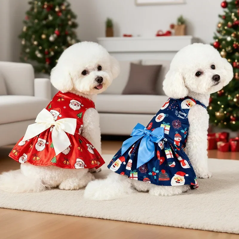 M-6XL para perros pequeños a grandes Vestido navideño para perros con lazo, falda festiva estampada para mascotas, traje ligero para vacaciones, tallas - imagen 2