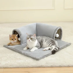 Acogedora cama para gatos con túnel para gatos de interior, cama de túnel multifuncional para actividades para gatos con bolas colgantes, cama para gatos con túnel