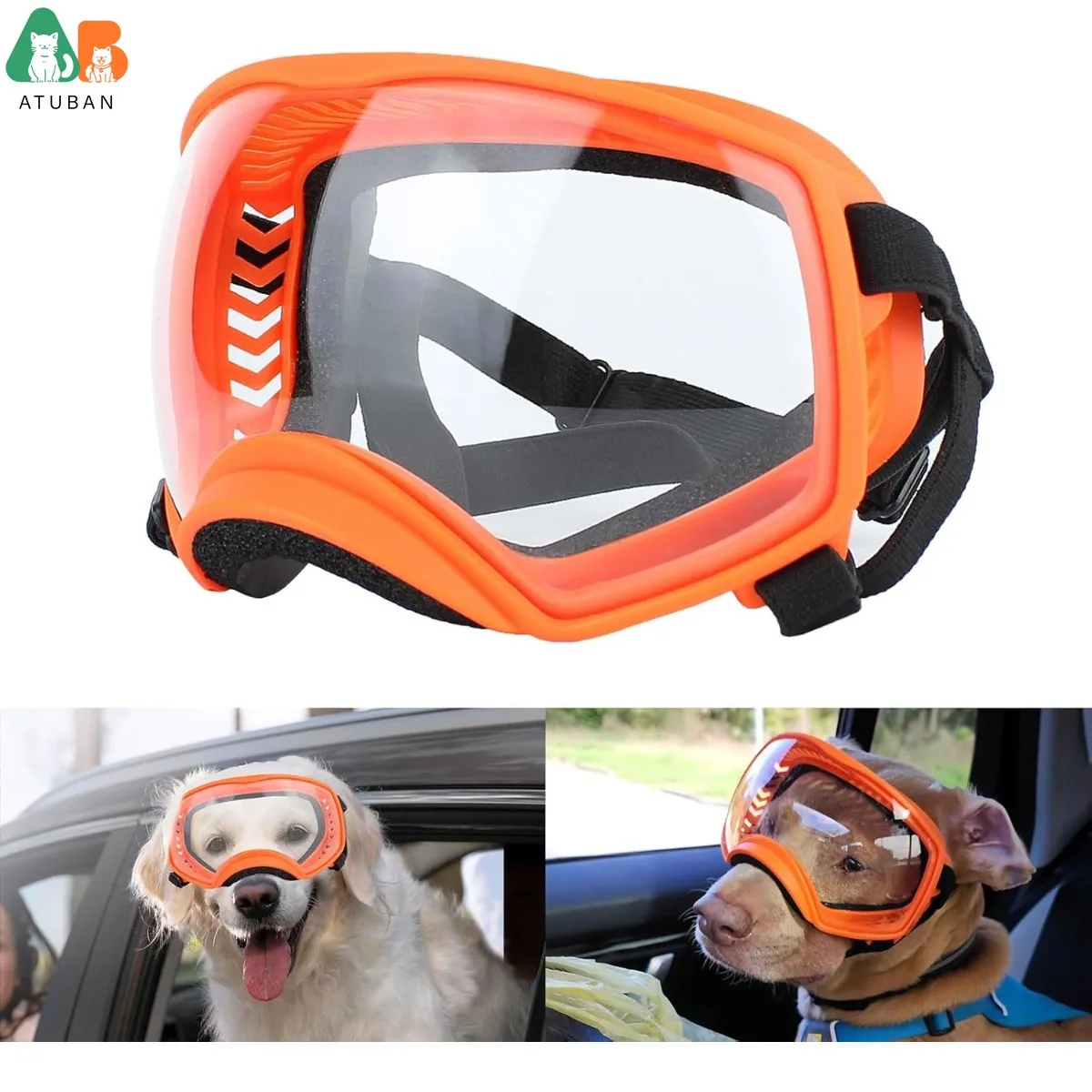 ATUBAN Gafas transparentes para perros grandes, ocular ancho y marco suave, protección ocular para perros que conducen, resistente al viento y al polvo, ajustables