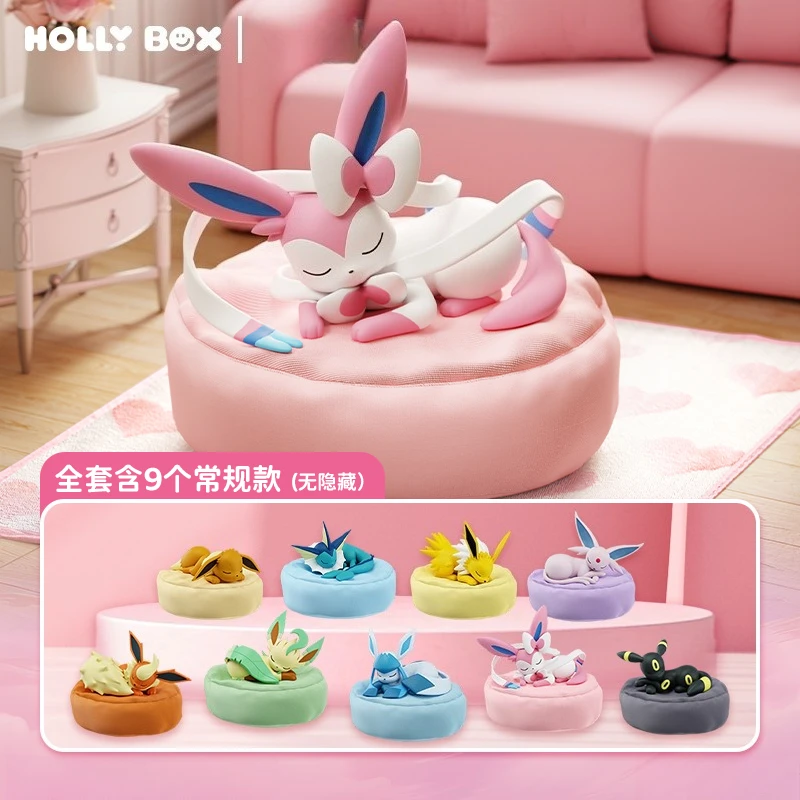 PKM Eevee Caja misteriosa de posición de dormir (nuevo original) Leafeon/Vaporeon/Flareon/Sylveon/Espeon/Umbreon Figuras Adorable juguete de regalo