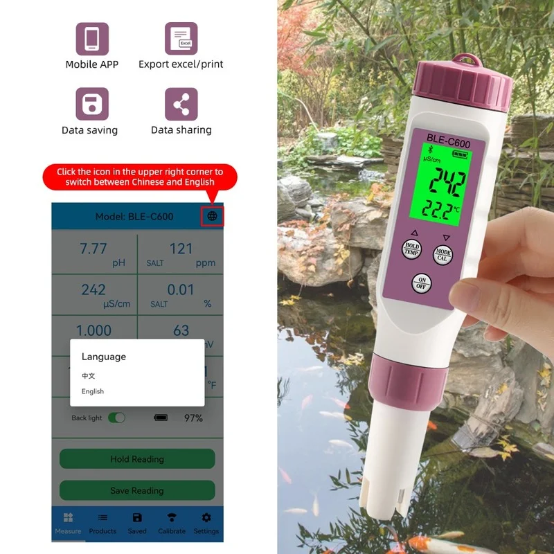 Medidor de temperatura ORP EC TDS, medidor de salinidad S.G, PH, probador de calidad del agua en línea, Control por aplicación para beber, laboratorio y Acuario, 7 en 1 - imagen 3