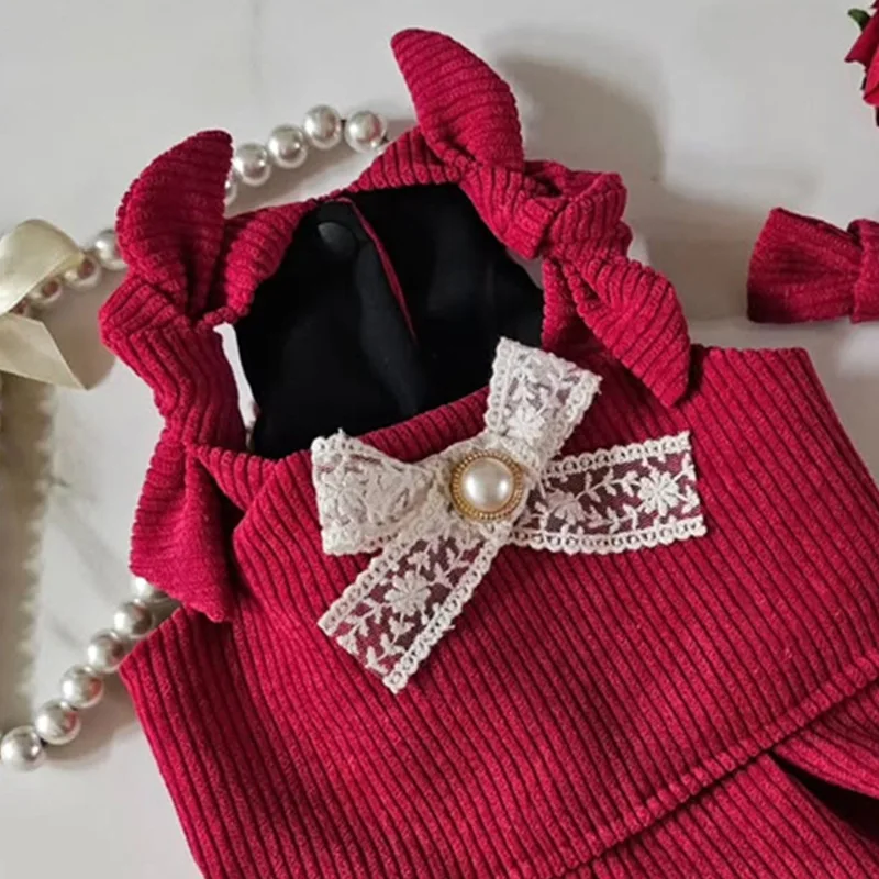 Lindo cachorro lazo rojo vestido con nudo para mascota conjunto invierno ropa cálida para perros mascota vestido de princesa de Navidad Teddy falda de Color sólido enviar Clip - imagen 4