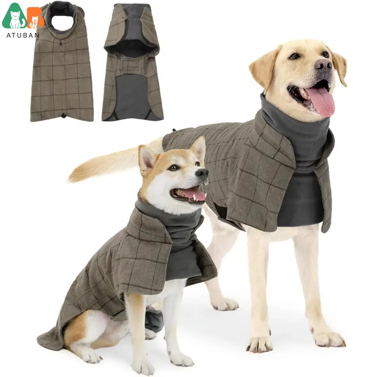 ATUBAN-abrigo cálido para perro, chaleco polar a cuadros inglés para perro, chaqueta cortavientos, ropa de invierno, ojales de tracción adecuados para todo tipo de perro