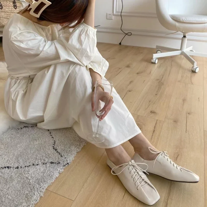 Zapatos Retro de suela blanda para mujer, mocasines planos de color sólido con cordones y punta cuadrada, ligeros y cómodos - imagen 5