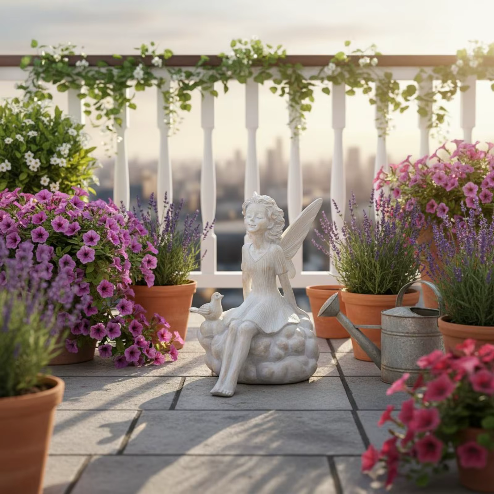 Estatua de hadas con pájaro para jardín – Acabado en cemento