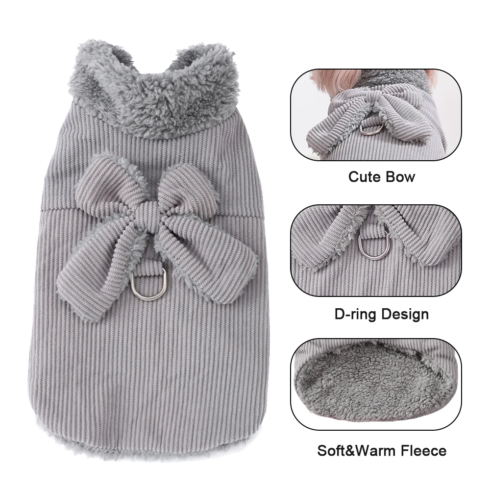 Abrigo de lana para perros, ropa cálida de invierno para mascotas, chaleco para perros pequeños y medianos, chaqueta con lazo, anillo en D, disfraz para cachorros, suéter, ropa Yorkie - imagen 3