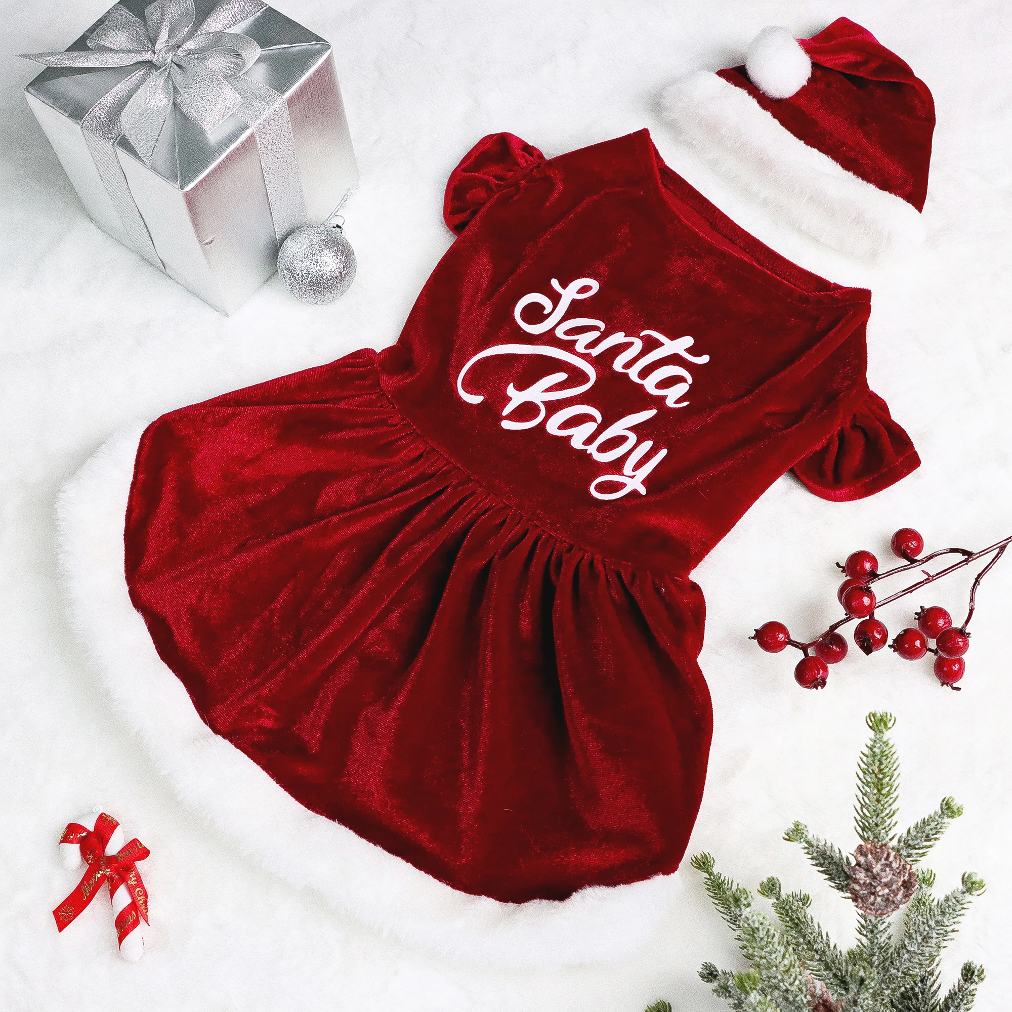 Conjunto de 2 vestidos de Navidad para perro, vestido para cachorro con letras de Papá Noel para bebé, ropa de felpa para cachorro, fiesta de Navidad para mascotas, ropa cálida para gato