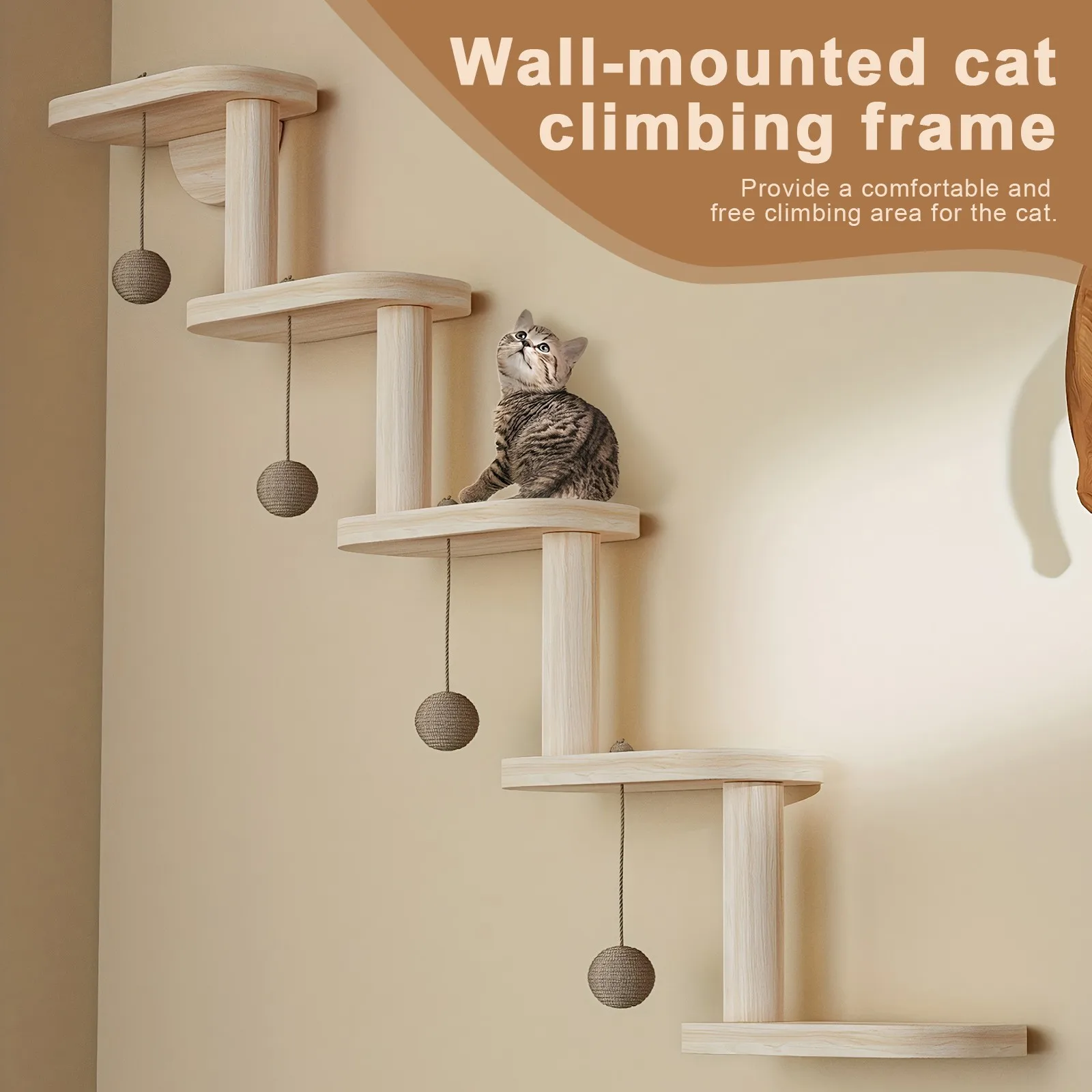 Muebles de madera para gato: estantería pared con perchas y juguetes - imagen 3