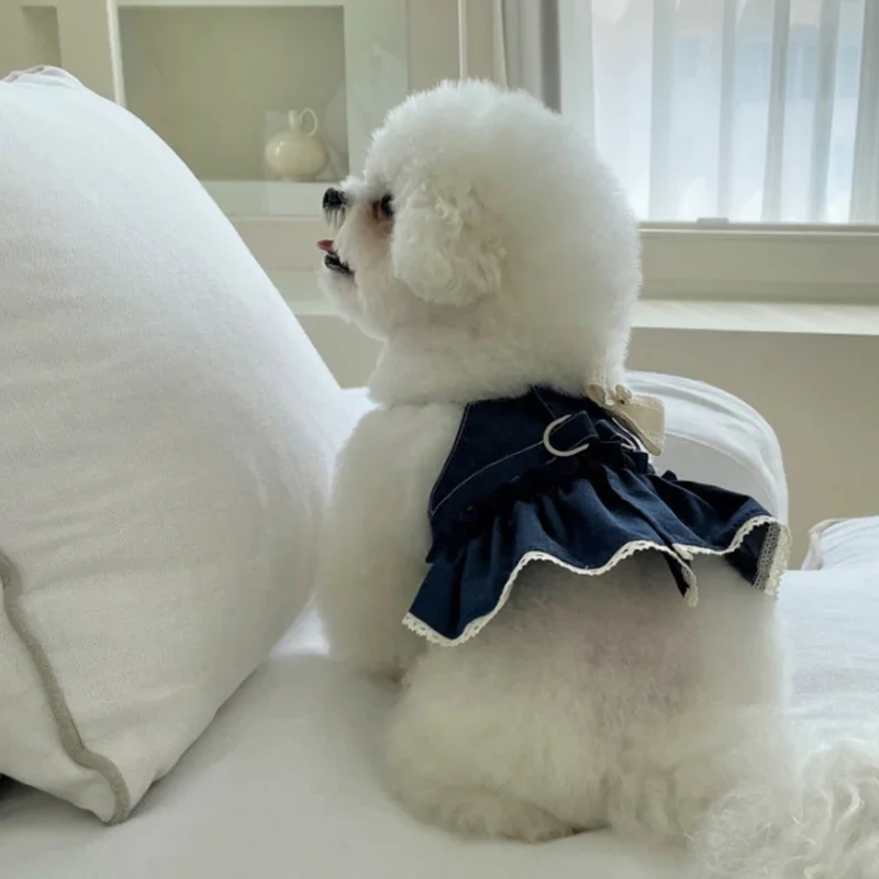 Falda vaquera para perros a la moda, ropa para parejas de primavera y verano, vestido de peluche, ropa transpirable para cachorros con apliques de perlas y lazo - imagen 5